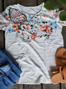 White Floral Striped Top