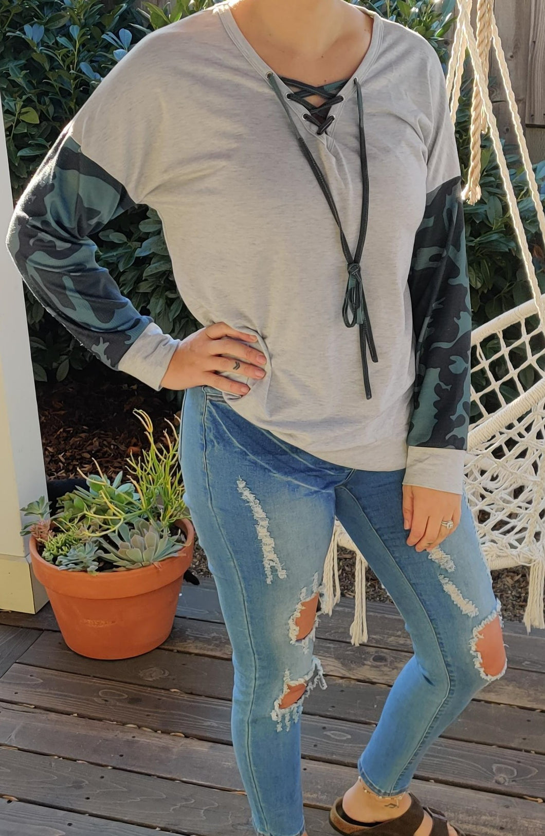 Grey Camo Lace Up Pullover